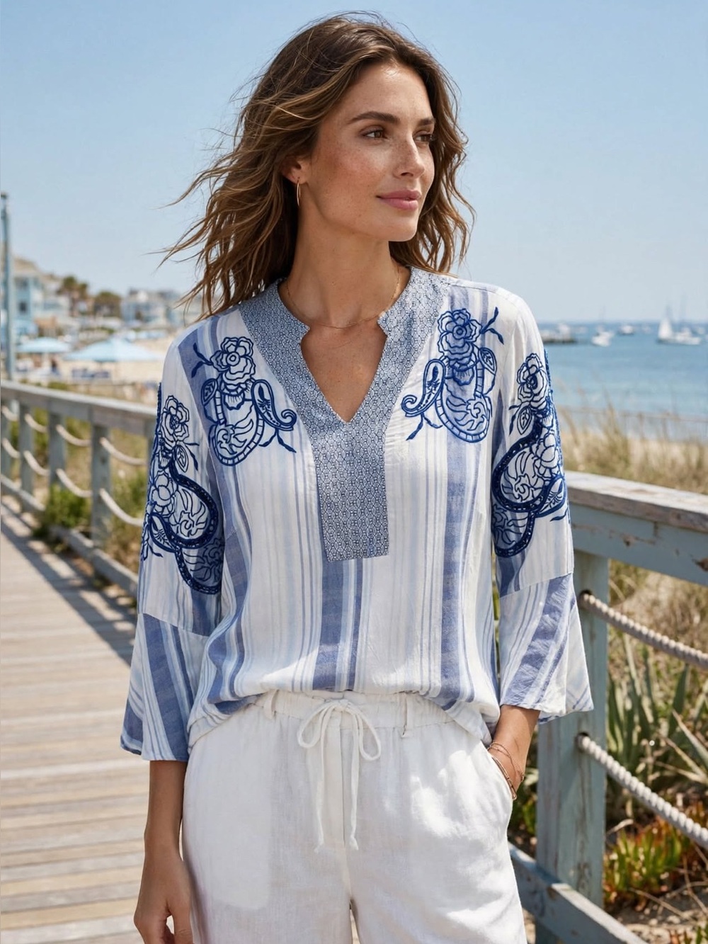 Chico’s Size 2 M Blue White Embroidered Striped Boho Tunic Top